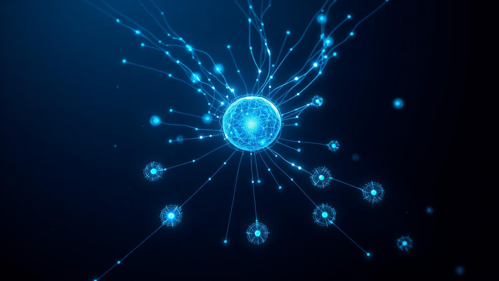 Glowing neural core radiating connections to a constellation of AI agent nodes, representing FELIX's collective intelligence.