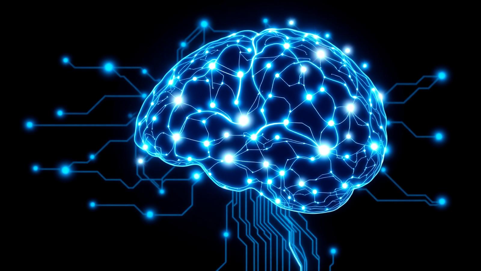 Glowing neural network and AI circuit patterns representing custom AI business development workflows.