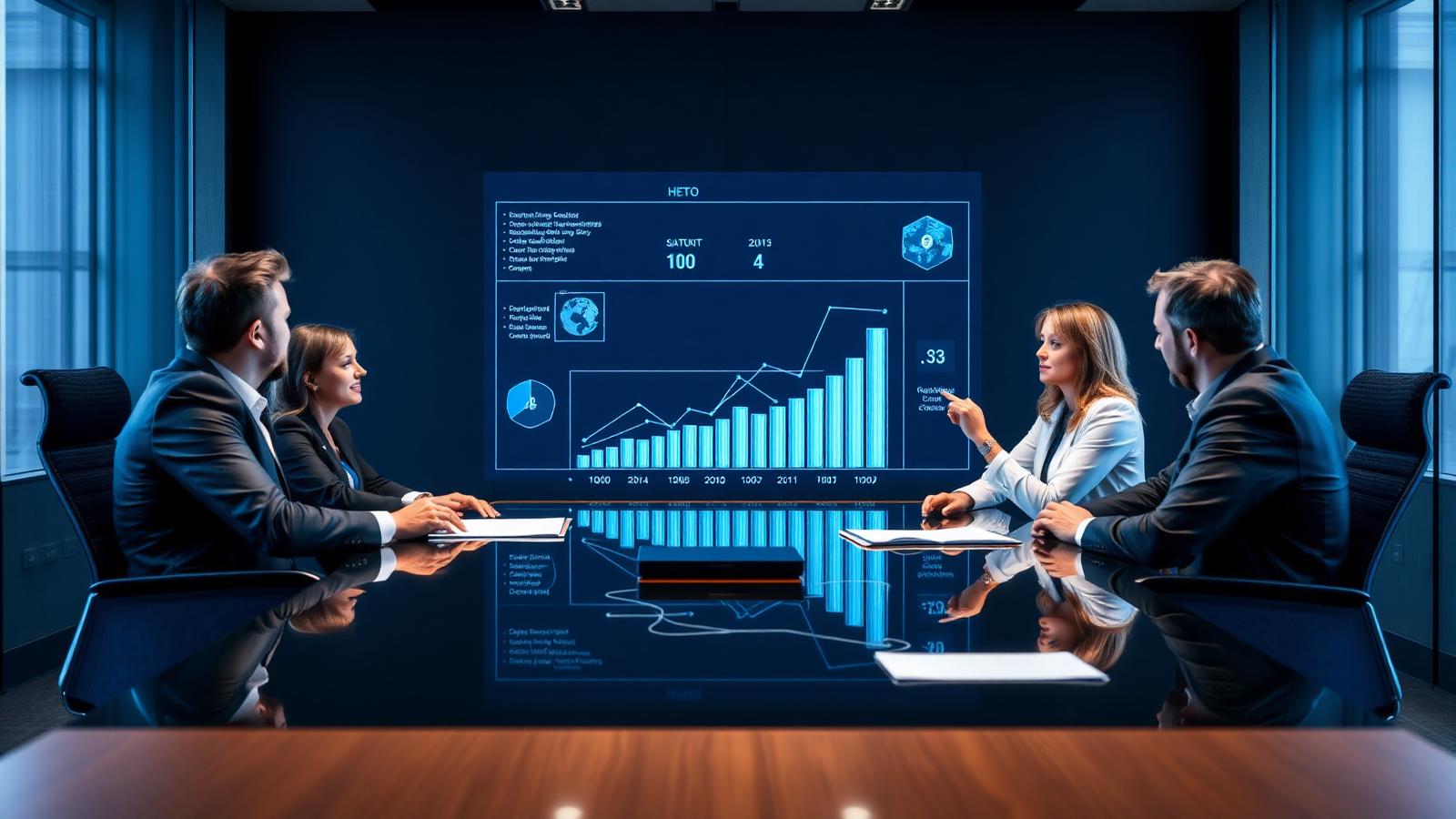 Senior consultants reviewing growth strategy charts and holographic revenue dashboards in a modern boardroom.
