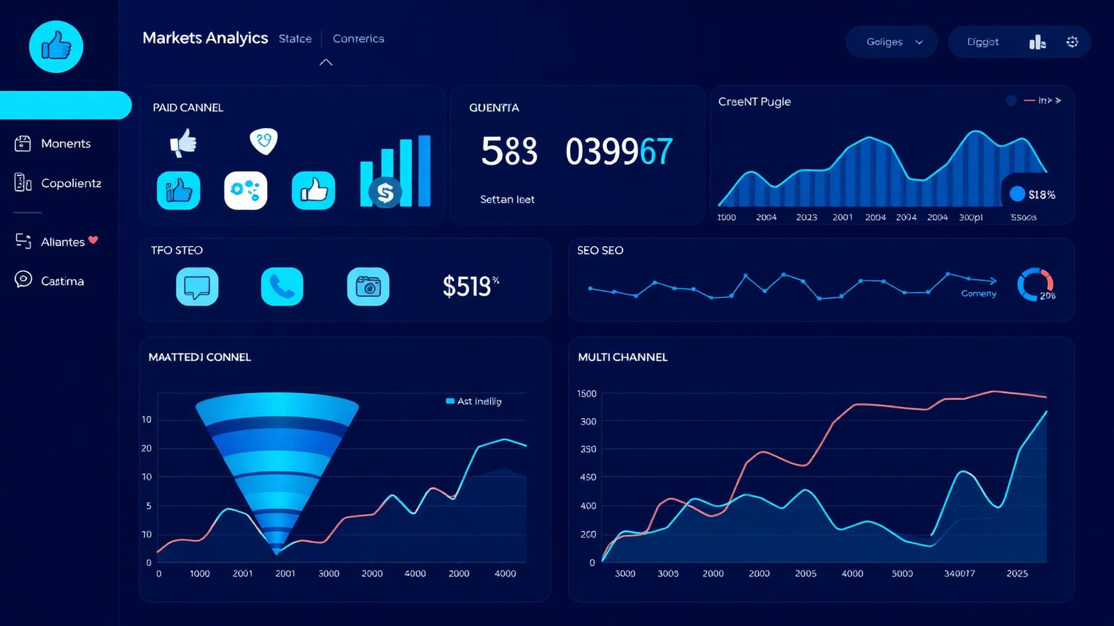Multi-channel digital marketing dashboard showing SEO, paid media, and conversion analytics in one view.